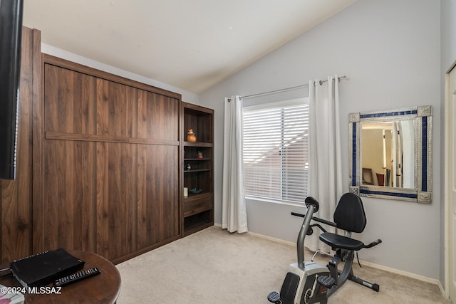 workout room with light carpet and lofted ceiling