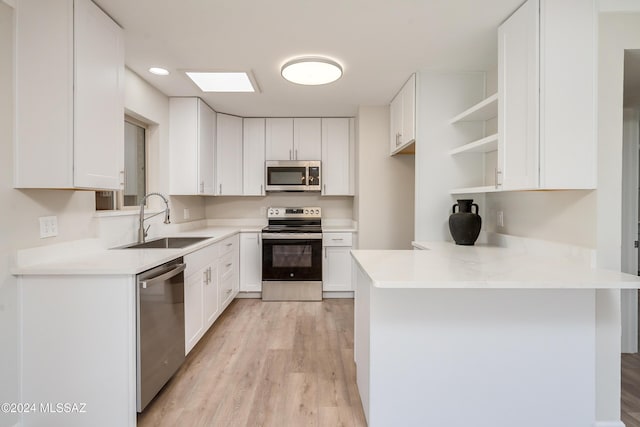 kitchen with stainless steel appliances, kitchen peninsula, sink, and white cabinets