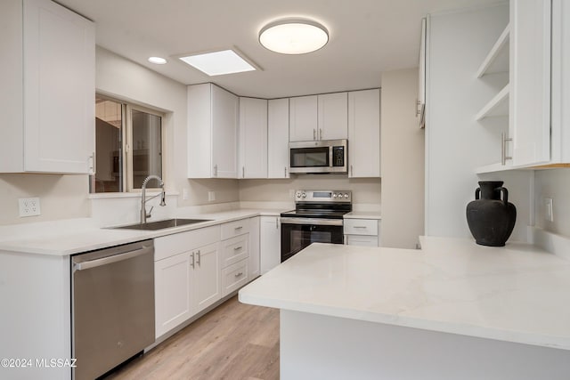 kitchen featuring sink, light wood-type flooring, appliances with stainless steel finishes, kitchen peninsula, and white cabinets