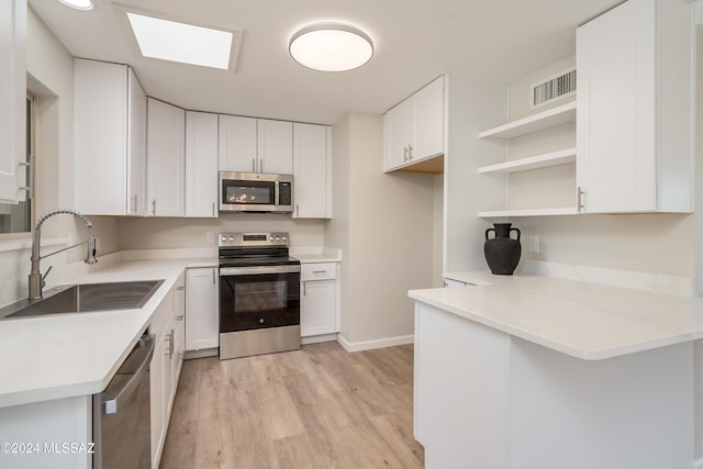 kitchen with sink, a skylight, light hardwood / wood-style flooring, appliances with stainless steel finishes, and white cabinets