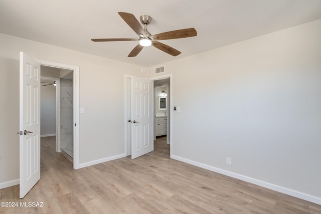 unfurnished bedroom featuring light hardwood / wood-style flooring and ceiling fan