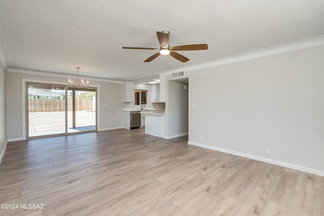 unfurnished living room featuring ornamental molding, sink, ceiling fan with notable chandelier, and light hardwood / wood-style floors