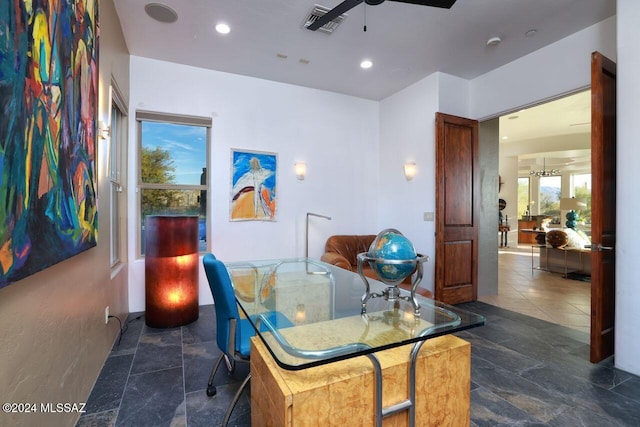 office space with recessed lighting, a ceiling fan, and visible vents