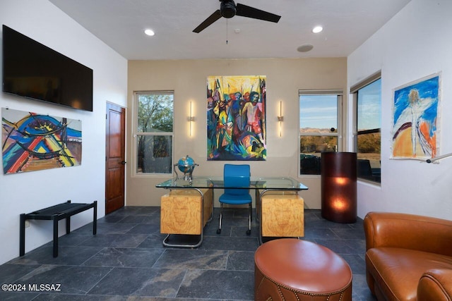 office area featuring recessed lighting and a ceiling fan