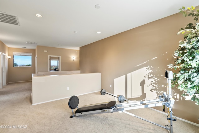 exercise area featuring light colored carpet