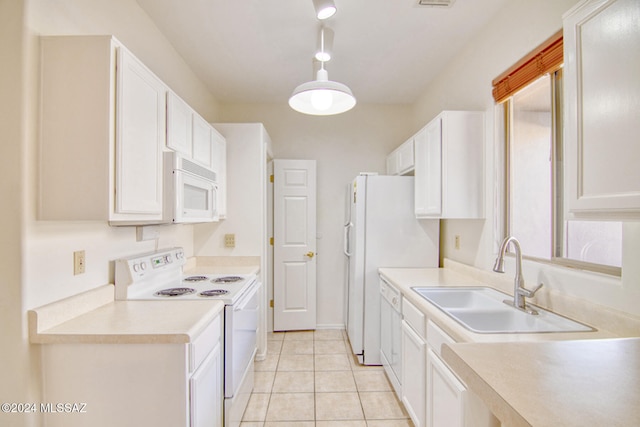 kitchen with white cabinetry, white appliances, sink, and hanging light fixtures