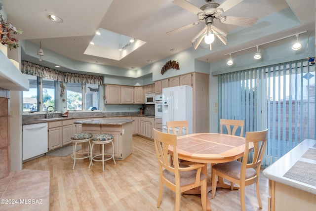 dining room with light hardwood / wood-style floors, a raised ceiling, ceiling fan, and sink