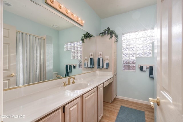 bathroom with vanity, toilet, and wood-type flooring