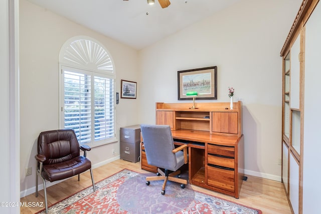 office space with ceiling fan and light wood-type flooring