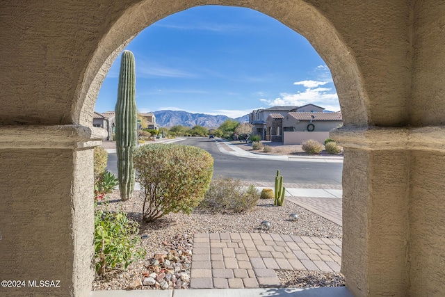 view of patio featuring a mountain view