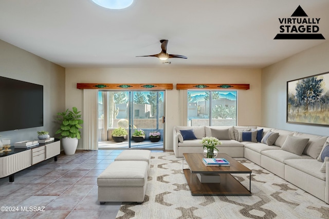 living room with ceiling fan