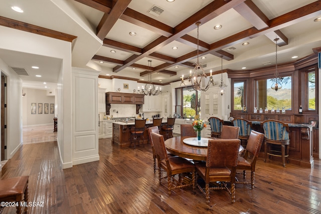 dining space with a chandelier, beamed ceiling, dark wood-type flooring, and coffered ceiling