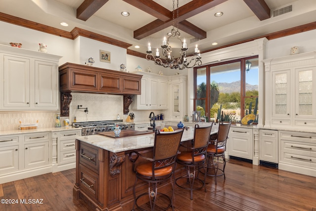 kitchen featuring light stone countertops, dark hardwood / wood-style flooring, backsplash, and an island with sink