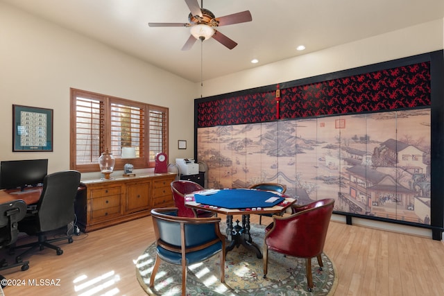 office area featuring light wood-type flooring and ceiling fan