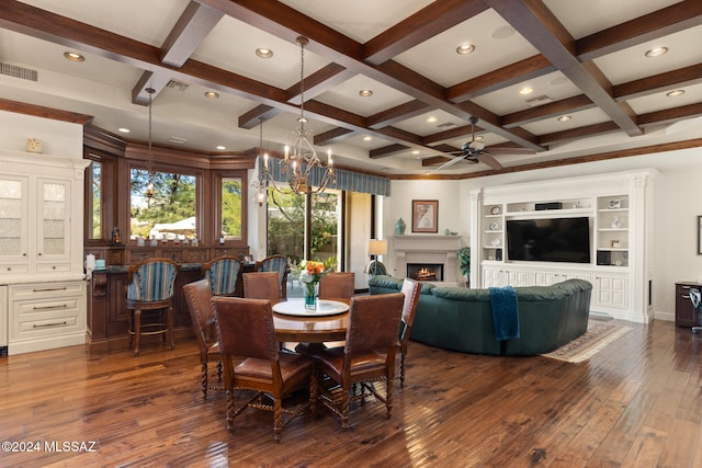 dining room featuring dark hardwood / wood-style floors, beam ceiling, and coffered ceiling