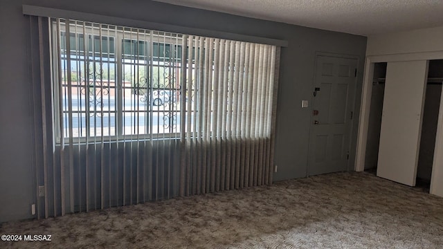 unfurnished room with carpet flooring and a textured ceiling