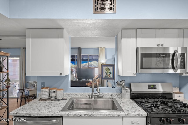 kitchen with hardwood / wood-style floors, stainless steel appliances, white cabinetry, and sink