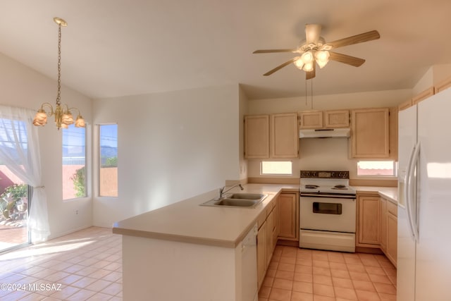 kitchen featuring sink, light tile patterned floors, pendant lighting, and white appliances