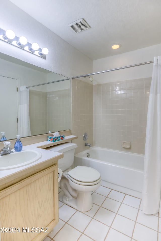 full bathroom with toilet, vanity, tile patterned floors, and shower / bathtub combination with curtain