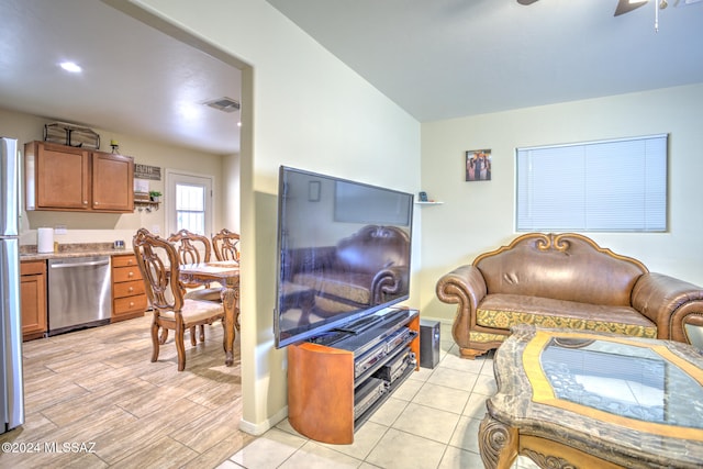 living room featuring ceiling fan