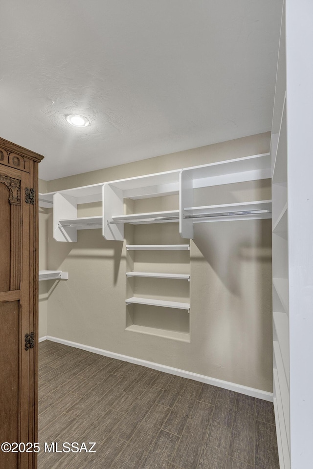 spacious closet featuring dark hardwood / wood-style flooring