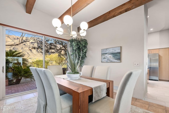 dining area featuring light tile patterned floors, a wealth of natural light, beam ceiling, and an inviting chandelier