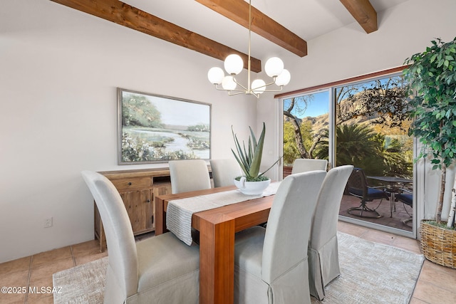 dining space with light tile patterned floors, beamed ceiling, and an inviting chandelier