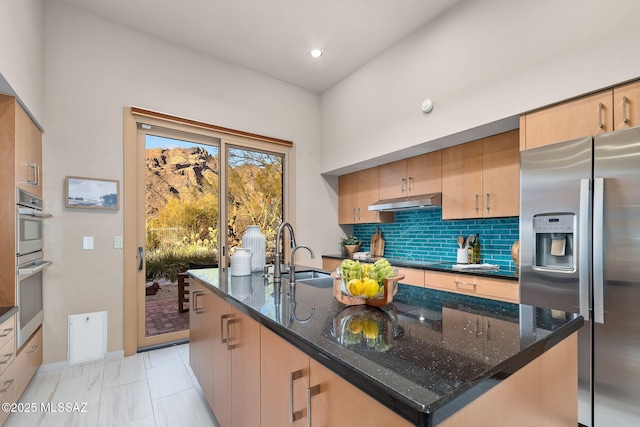 kitchen featuring decorative backsplash, dark stone counters, stainless steel appliances, under cabinet range hood, and a sink