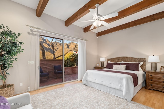 bedroom with ceiling fan, access to outside, wood finished floors, and beam ceiling