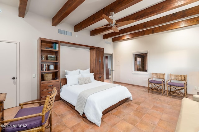 bedroom with ceiling fan, beam ceiling, visible vents, and baseboards