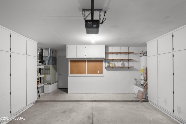 garage featuring gas water heater, a garage door opener, and heating unit