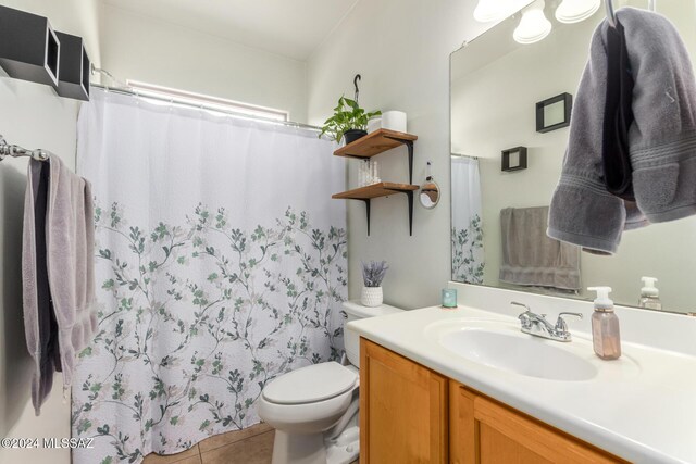 21330 E Reunion Rd, Red Rock, AZ 85145 - full bathroom featuring vanity, toilet, tile patterned floors, and a shower with curtain