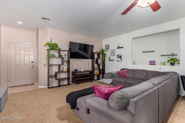 21330 E Reunion Rd, Red Rock, AZ 85145 - living room with ceiling fan, light carpet, and light tile patterned floors