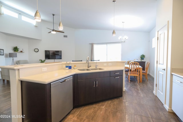 kitchen featuring ceiling fan with notable chandelier, sink, decorative light fixtures, stainless steel dishwasher, and dark brown cabinets