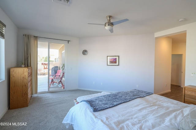 bedroom featuring carpet flooring, access to exterior, and ceiling fan