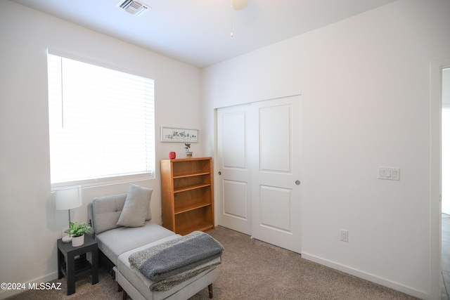 living area featuring carpet flooring, ceiling fan, and plenty of natural light