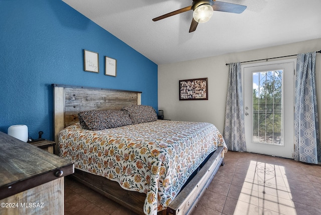 tiled bedroom featuring lofted ceiling, access to exterior, and ceiling fan