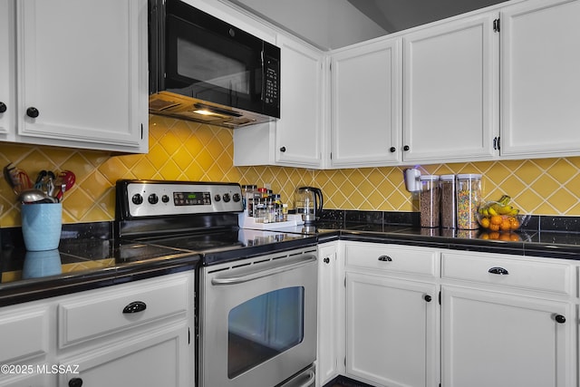 kitchen featuring backsplash, stainless steel electric range, and white cabinets