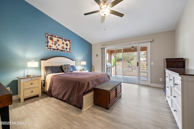 bedroom with ceiling fan, baseboards, vaulted ceiling, light wood-style floors, and access to outside