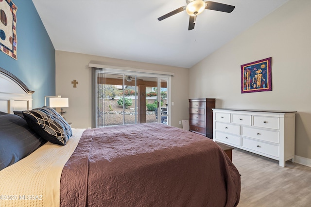 bedroom with lofted ceiling, light wood-style floors, a ceiling fan, and access to outside