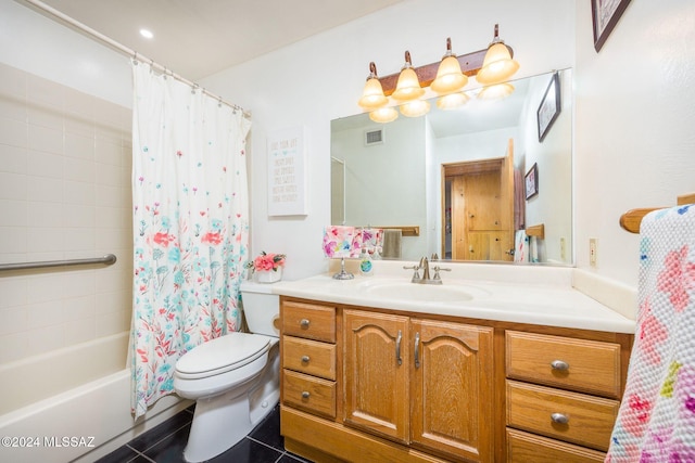 full bathroom with tile patterned flooring, vanity, toilet, and shower / bath combo with shower curtain