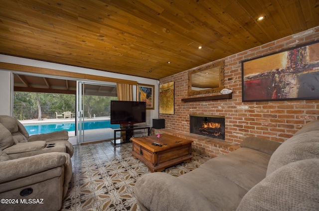 tiled living room with wooden ceiling, a fireplace, and brick wall