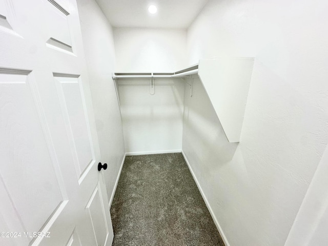 walk in closet featuring dark carpet