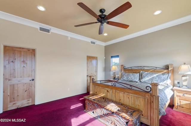 bedroom featuring crown molding, carpet floors, and ceiling fan