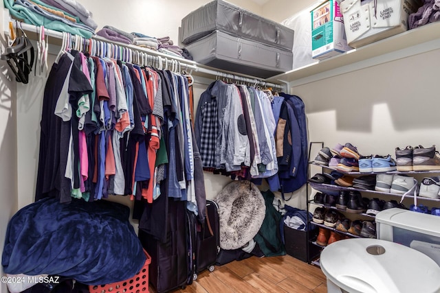 walk in closet with hardwood / wood-style floors