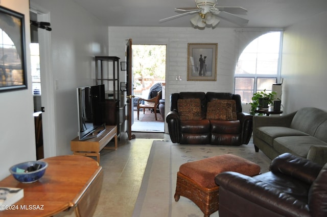 living room featuring ceiling fan