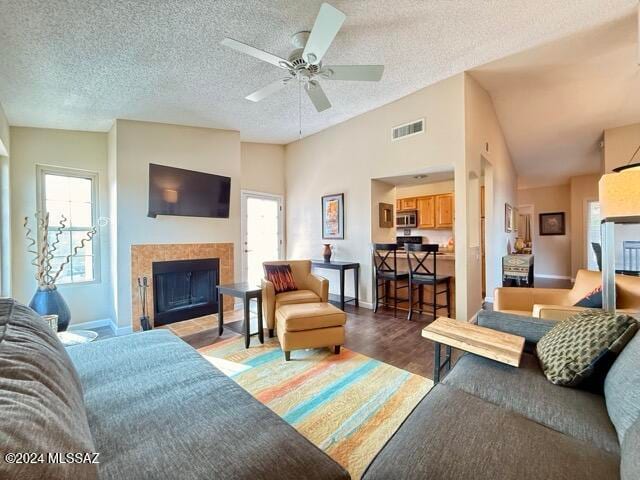 living room featuring dark hardwood / wood-style flooring, vaulted ceiling, and a healthy amount of sunlight