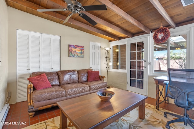 living room with tile patterned floors, baseboard heating, ceiling fan, lofted ceiling with beams, and wooden ceiling