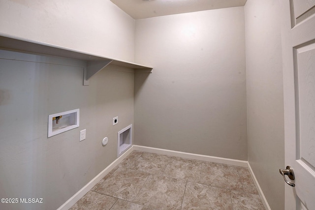 clothes washing area with baseboards, laundry area, hookup for a washing machine, and hookup for an electric dryer