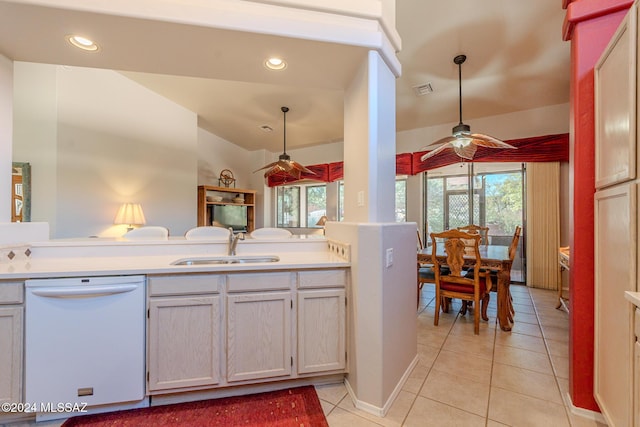 kitchen featuring dishwasher, pendant lighting, plenty of natural light, and ceiling fan